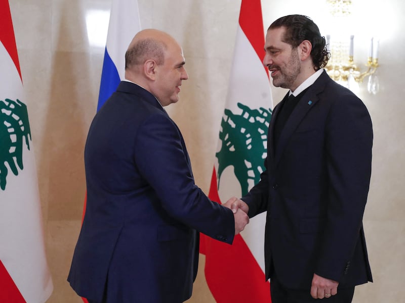 Russian Prime Minister Mikhail Mishustin meets Mr Hariri in Moscow, in 2021.