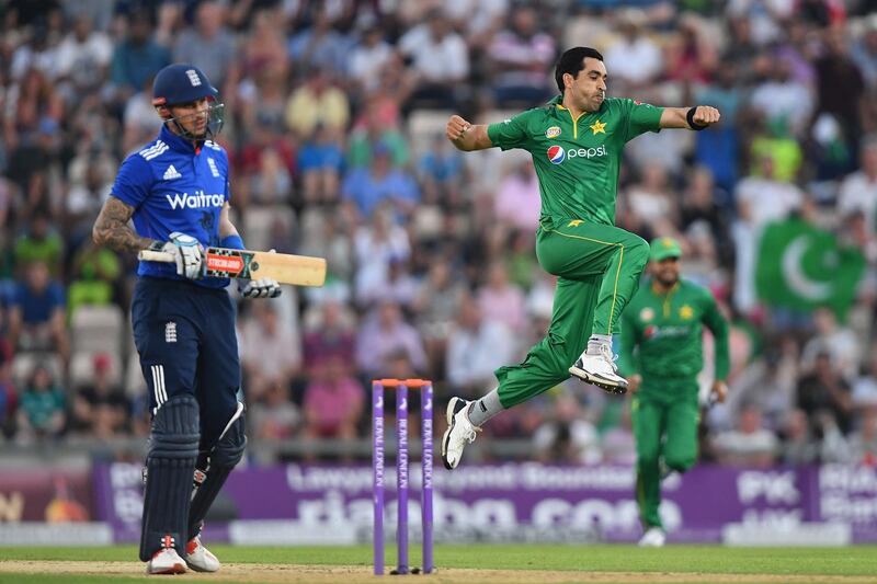 SOUTHAMPTON, ENGLAND - AUGUST 24:  Umar Gul of Pakistan celebrates after dismissing Alex Hales of England during the 1st One Day International between  England and Pakistan at the Ageas Bowl on August 24, 2016 in Southampton, England.  (Photo by Mike Hewitt/Getty Images)