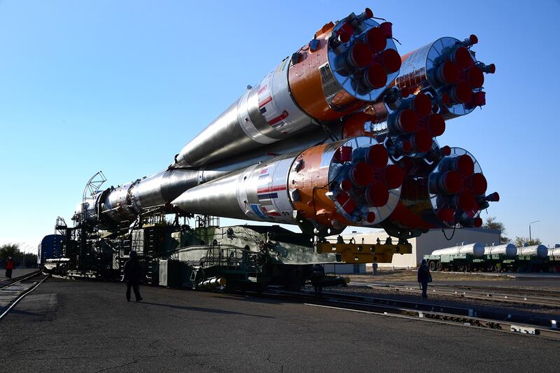 The Soyuz-2. 1a booster rocket with Soyuz MS-19 spacecraft is being rolled out to the launch pad by train at the Baikonur Cosmodrome, Kazakhstan. EPA