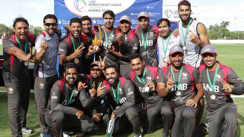 The UAE cricket team celebrate winning the World Cricket League Division 2 title after beating Nepal in the final. They advance to the next phase of qualifying in Zimbabwe in March. Courtesy ICC World Cricket League