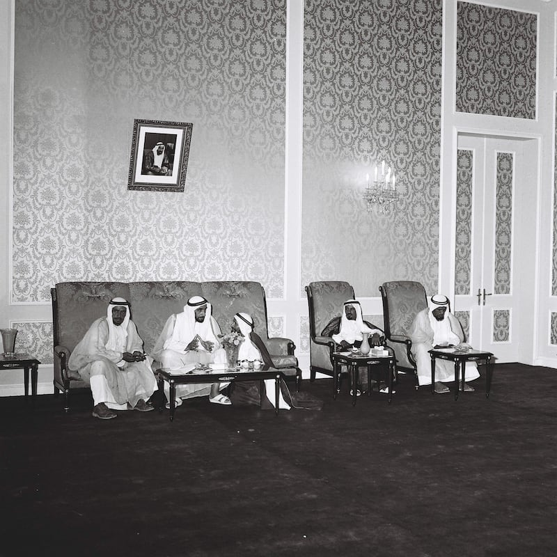 Caption History Project 2010, "The First Day". From the Al Itihad Union Day collection (AL Manhal Palace folder 2) November - December 1971.  Photograph of events and meetings inside Al Manhal Palace, Abu Dhabi. 