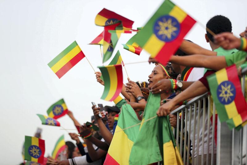 Dubai, United Arab Emirates - January 25, 2019: Ethiopia fans at the Standard Chartered Dubai Marathon 2019. Friday, January 25th, 2019 at Jumeirah, Dubai. Chris Whiteoak/The National