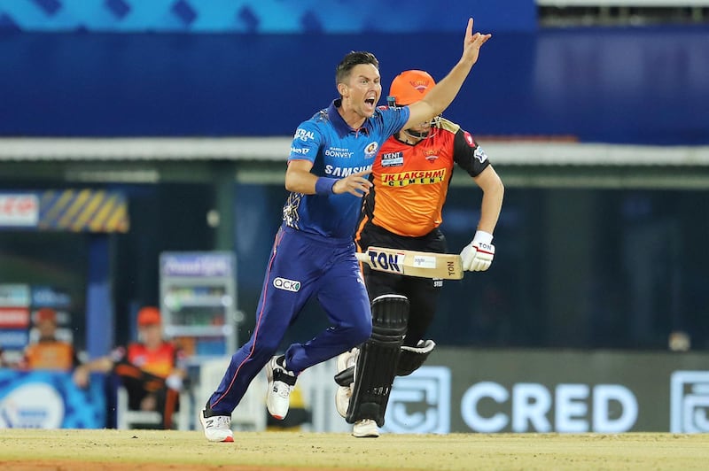 Trent Boult of Mumbai Indians unsuccessfully appeals for the wicket of David Warner Captain of Sunrisers Hyderabad during match 9 of the Vivo Indian Premier League 2021 between the Mumbai Indians and the Sunrisers Hyderabad held at the M. A. Chidambaram Stadium, Chennai on the 17th April 2021.

Photo by Faheem Hussain / Sportzpics for IPL
