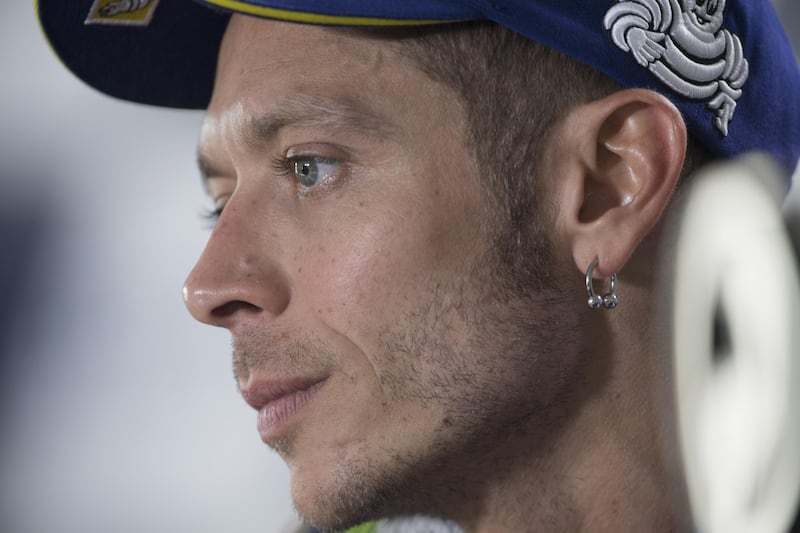 NORTHAMPTON, ENGLAND - AUGUST 27:  Valentino Rossi of Italy and Movistar Yamaha MotoGP looks on during the press conference at the end of the MotoGP race during the MotoGp Of Great Britain - Race at Silverstone Circuit on August 27, 2017 in Northampton, England.  (Photo by Mirco Lazzari gp/Getty Images)