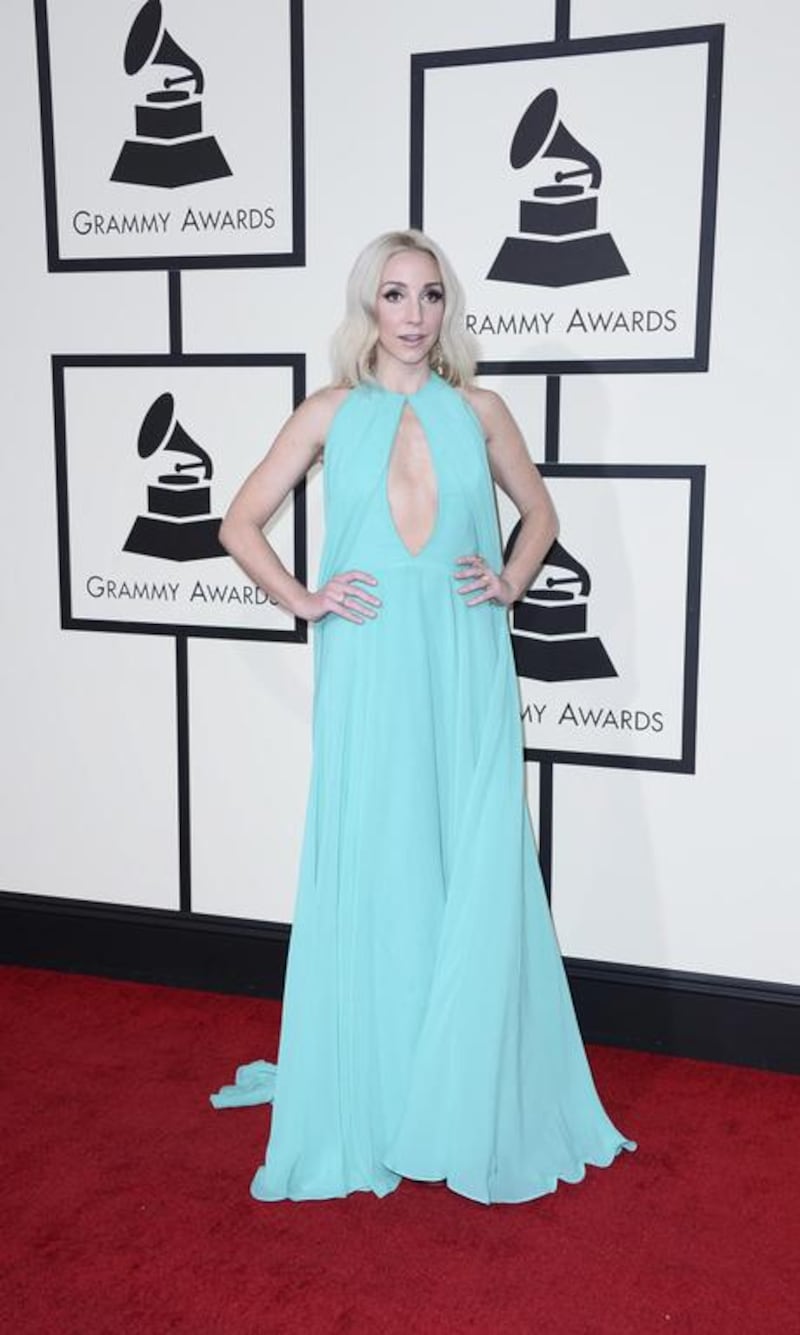 Ashley Monroe wore a teal from Lebanese designer Georges Hobeika for the 2016Grammy Awards. EPA
