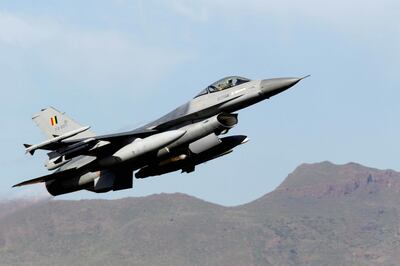 epa07853309 (FILE) - A F-16 jet of the Belgian Air Force, after taking off at Gando Air Base in Gran Canaria, Canary Islands, Spain, 12 April 2013 (reissued 19 September 2019). According to reports, a Belgian F-16 fighter jet has crashed in Western France.  EPA/ELVIRA URQUIJO A. *** Local Caption *** 50787355