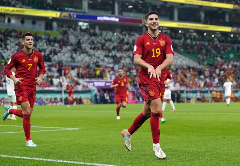 Spain's Carlos Soler celebrates scoring their sixth goal. PA