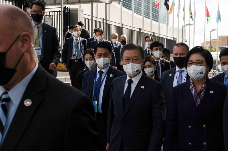 South Korea's President Moon Jae-in and First Lady Kim Jung-sook outside the UN headquarters in New York. Reuters