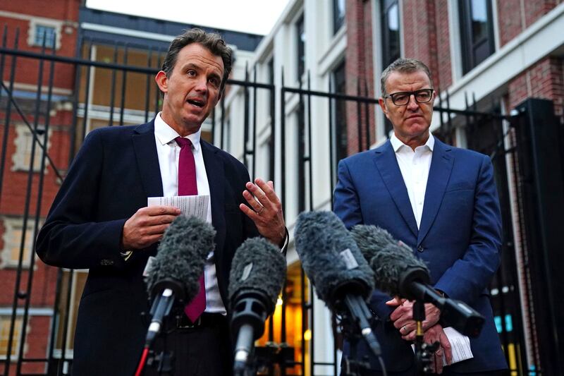 Chief executive of the England and Wales Cricket Board, Tom Harrison (L), and Surrey County Cricket Club chairman, Richard Thompson, speak to the press after a meeting of cricket's leading representatives. PA