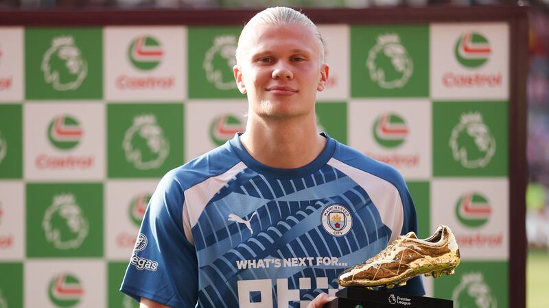 Erling Haaland of Manchester City after being awarded the Premier League Golden Boot for 2022/23. Getty