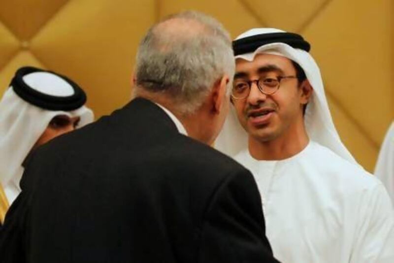 Sheikh Abdullah bin Zayed, Minister of Foreign Affairs, with his Egyptian counterpart, Mohamed Kamel Amr, during the Arab Peace Initiative Committee Meeting in Doha on Saturday. The UAE adopts a stable, diplomatic approach to regional and global issues, including in its own dispute with Iran over three islands. Mohammed Dabbous / Reuters