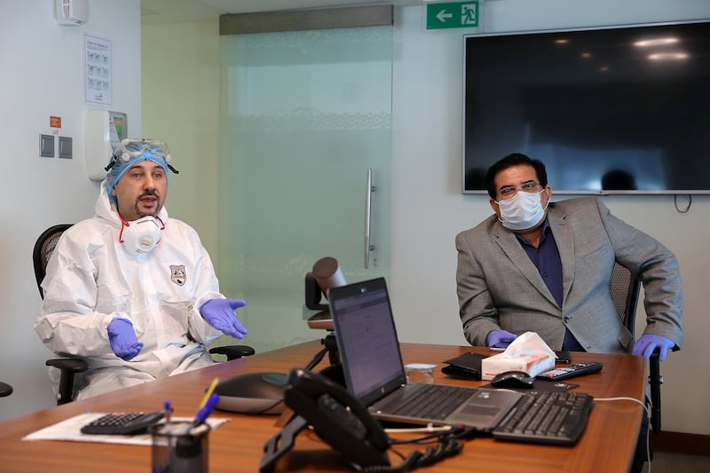 DUBAI, UNITED ARAB EMIRATES , April 26– 2020 :- Left to Right - Dr. Adel Alsisi, Consultant Critical Care Medicine, Chief Medical Officer, Prime Hospital and Shatrujeet Kumar Rai, Hospital Director of Prime Hospital during the interview at the Prime Hospital on airport road in Al Garhoud in Dubai . (Pawan Singh / The National) For News/Standalone/Online/Instagram/Stock.  Story by Nick Webster