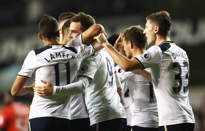 Vincent Janssen of Tottenham Hotspur celebrates scoring his side’s third goal. Julian Finney / Getty Images