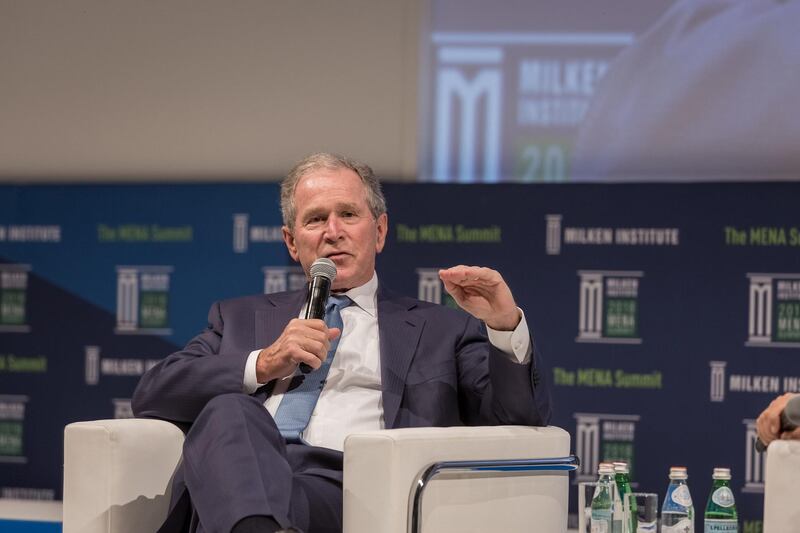 Former US president George W Bush at the Milken Institute MENA Summit in Abu Dhabi, February 8, 2018. Courtesy Milken Institute