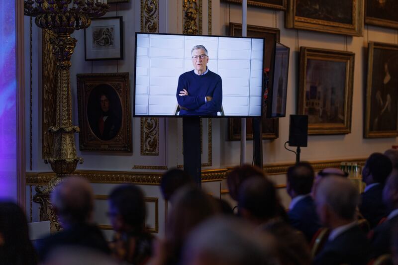 A recorded message by Bill Gates is broadcast at Lancaster House. Getty Images