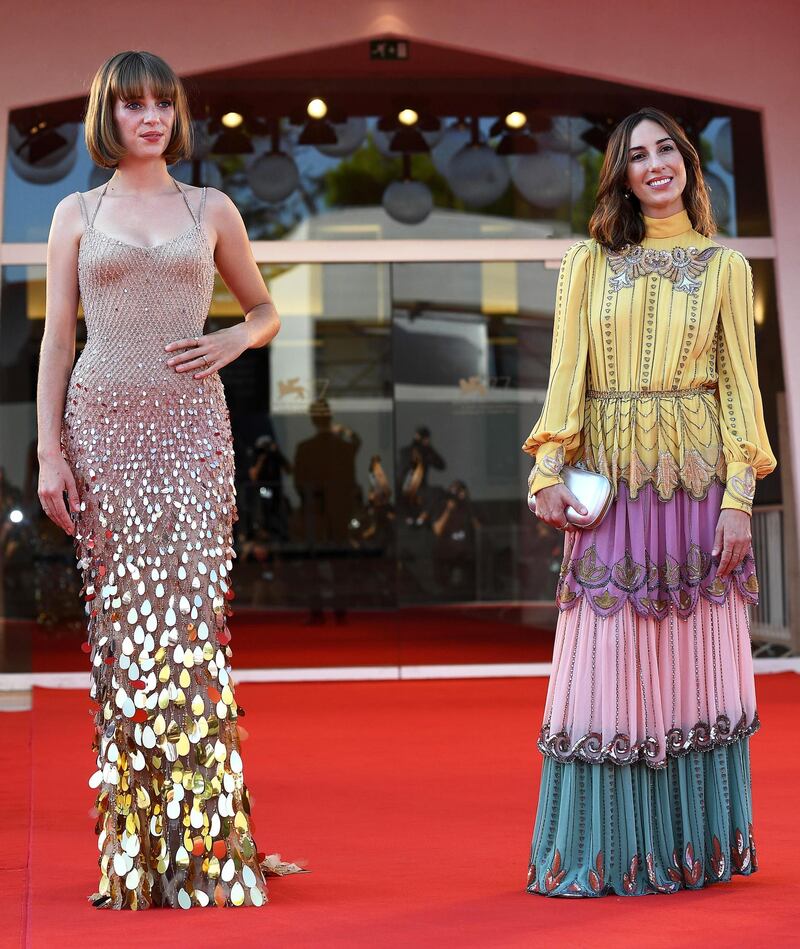 Maya Hawke in Versace and director Gia Coppola  on the red carpet. EPA