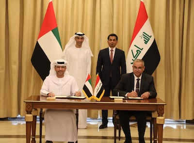 Capt Mohamed Al Shamsi, managing director and group CEO of AD Ports Group (seated from left), and Farhan Al Fartosi, director general of General Company for Ports of Iraq, signed the agreement in the presence of Dr Thani Al Zeyoudi, UAE’s Minister of State for Foreign Trade, and Razzaq Muhaibas Al-Saadawi, Iraq’s Minister of Transport. Photo: AD Ports