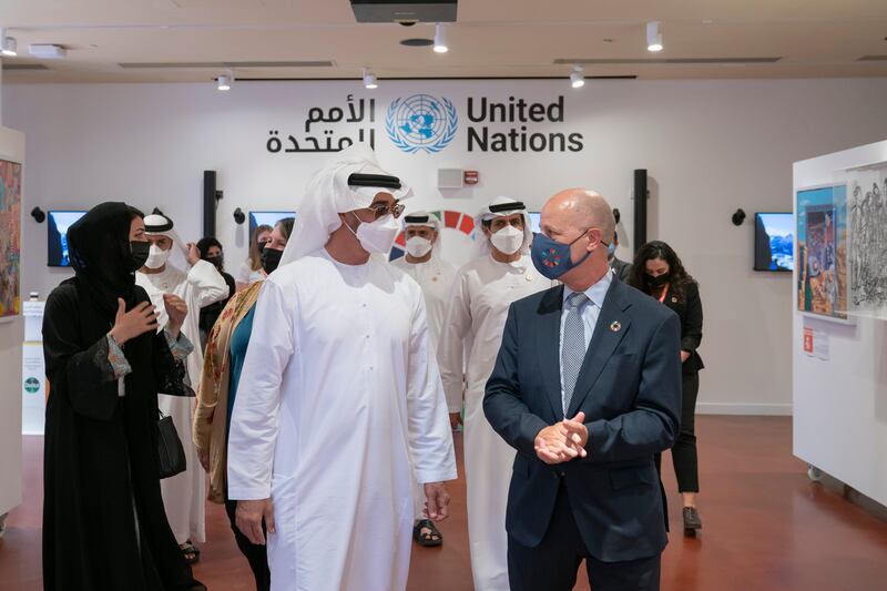 Sheikh Mohamed takes a tour of the UN centre. The Opportunity Pavilion focuses on three areas which are water, food and energy.