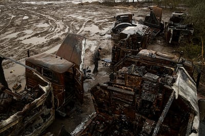 A damaged Russian military truck column in the Chernihiv region. EPA