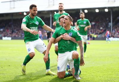LONDON, ENGLAND - MARCH 09: Anthony Knockaert of Brighton and Hove Albion celebrates after scoring his team's second goal with his team mates during the Premier League match between Crystal Palace and Brighton & Hove Albion at Selhurst Park on March 09, 2019 in London, United Kingdom. (Photo by Dan Istitene/Getty Images)