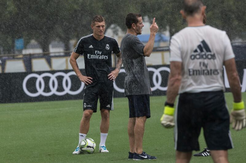 Real Madrid midfielder Toni Kroos, left, trains at Florida International University in Miami. AP Photo