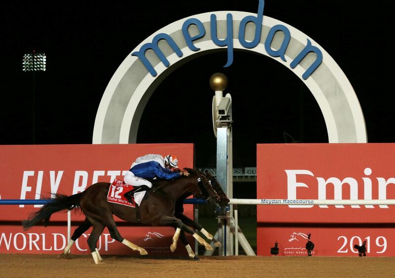 Thunder Snow, edges ahead of Gronkowski to win the Dubai World Cup. Reuters