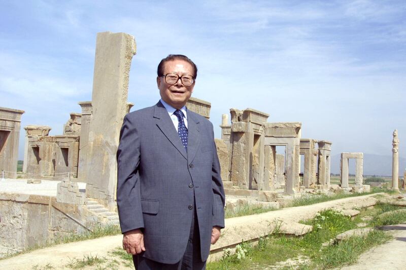 Jiang Zemin during a visit to the ancient imperial city of Persepolis, the capital of Persia's Archaemenid dynasty, about 950km south of Tehran, Iran, on April 19, 2002. AFP