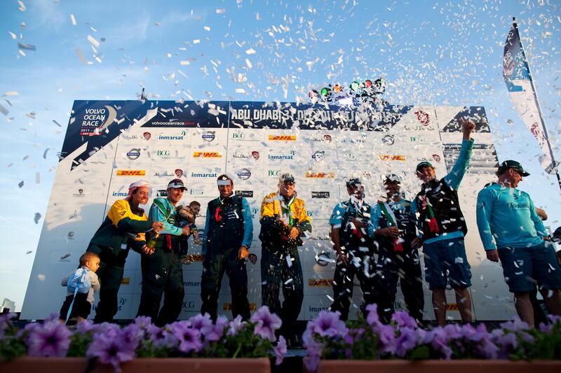 Members of Team Telefonica celebrate after completing the second leg of the Volvo Ocean Race in Abu Dhabi on January 4, 2012. Christopher Pike / The National

For story by: 43314
Job ID: To Be Determined