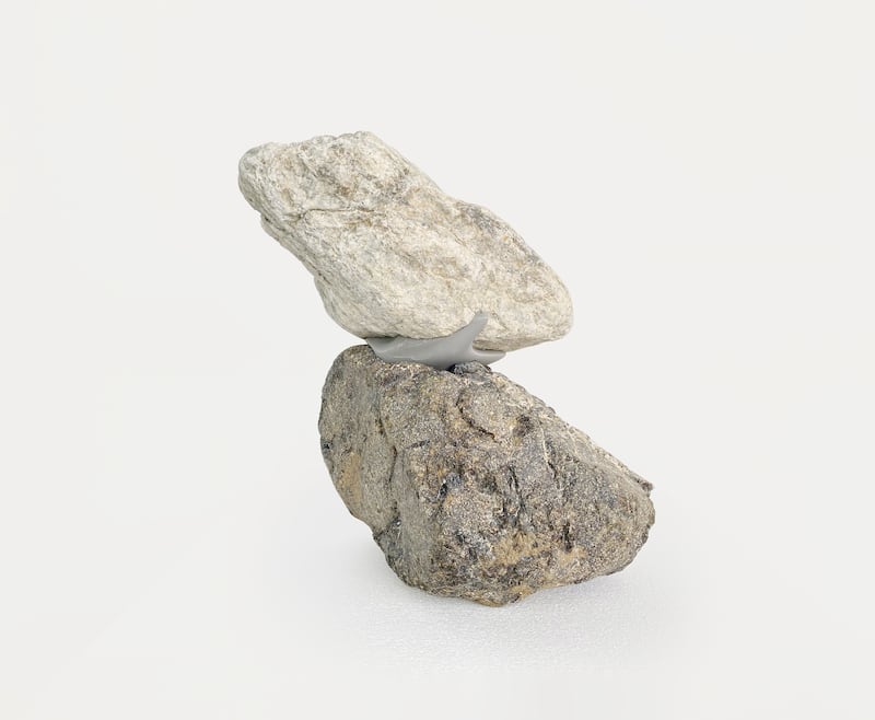 A prototype of a misfit assembly incorporating rocks and a 3D-printed connection. Photo: National Pavilion UAE – La Biennale di Venezia / Basil Al Taher