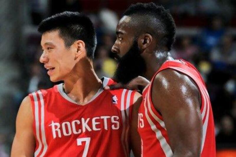 Traded away to Houston, James Harden, right, and Jeremy Lin have formed a formidable pairing for the Rockets. Allen Einstein / Getty Images