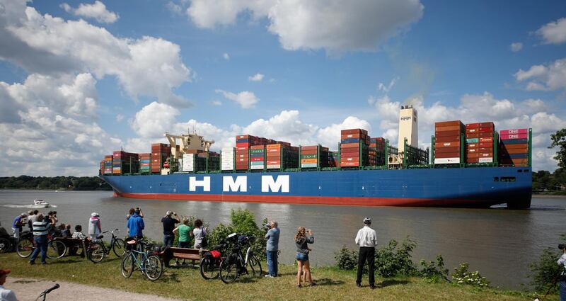 The HMM Algeciras, currently the world's largest container ship, departs from Hamburg Port during the novel coronavirus pandemic on June 10, 2020 in Hamburg, Germany. Getty Images