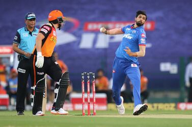 Delhi Capitals' Ishant Sharma bowling against the Sunrisers Hyderabad in Abu Dhabi on September 29 - his sole appearance at this year's IPL. Sportzpics for BCCI 