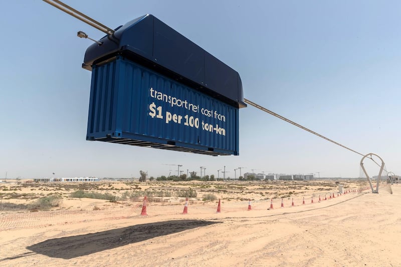 The Sky Train currently under development by uSky Transport FZE in Sharjah. The company is developing a suspended train system that can both run cargo and passenger vehicles at a projected speed of a 150km's per hour. Pictured is a test version of the container pod currently being tested on June 6th, 2021. Antonie Robertson / The National.Reporter: Nick Webster for National