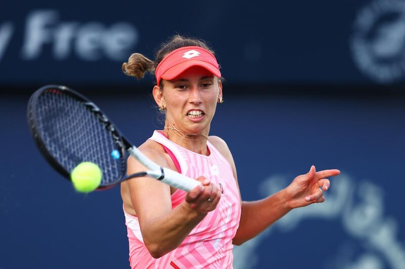 DUBAI, UNITED ARAB EMIRATES - MARCH 11: Elise Mertens of Belgium plays a forehand in her Quarter-Final singles match against Jessica Pegula of The United States during Day Five of the Dubai Duty Free Tennis Championships at Dubai Duty Free Tennis Stadium on March 11, 2021 in Dubai, United Arab Emirates. (Photo by Francois Nel/Getty Images)