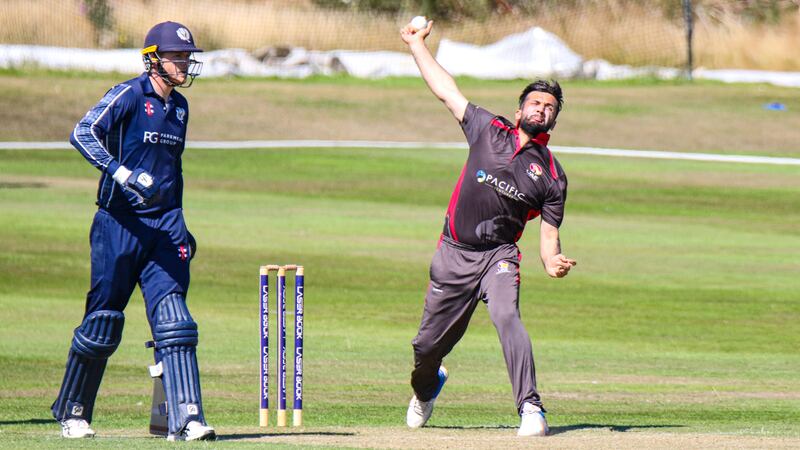 UAE spinner Rohan Mustafa bowls against Scotland during his team's 64-run defeat in the tri-series match at Mannofield Park, Aberdeen, on August 10, 2022. All images Peter Della Penna / Cricket Scotland