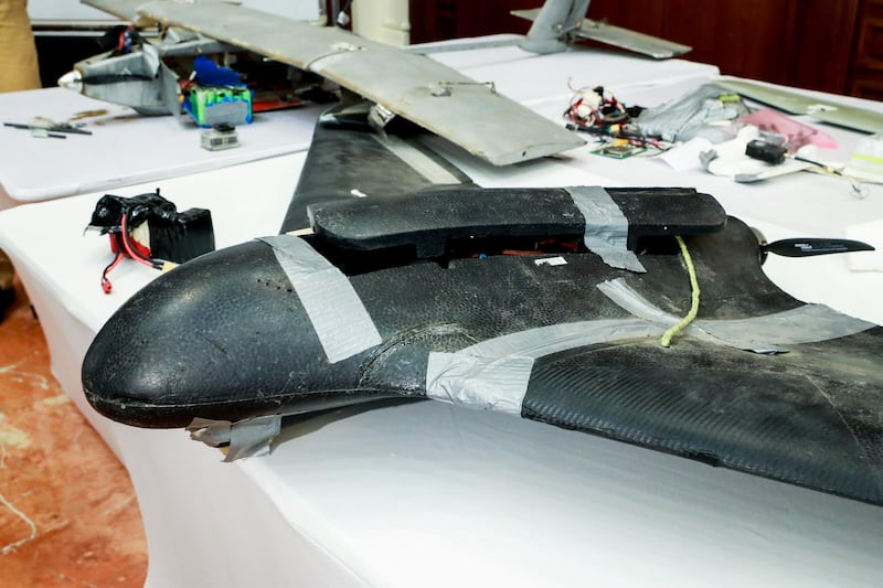 Abu Dhabi, U.A.E., June 19, 2018. Allegedly used Iranian weapons that have been used in Yemen.  A shot down drone on display.
Victor Besa / The National
Section:  NA
Requested by:   Jake Badger