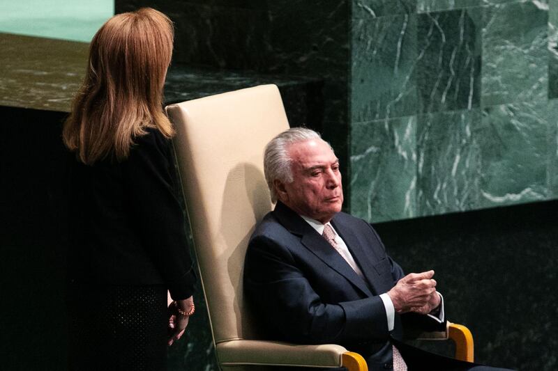 Michel Temer, Brazil's president, sits during the UN General Assembly meeting in New York, US. Temer said that isolationism, intolerance and unilateralism are challenges to the integrity of the international order. Bloomberg