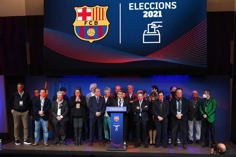Spanish lawyer Joan Laporta delivers a speech at the auditorium of the Camp Nou complex. AFP