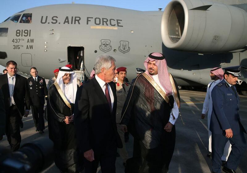 The US defence secretary, Chuck Hagel, is greeted by Saudi Crown Prince Salman bin Sultan bin Abdulaziz in Riyadh. His regional tour was aimed at reassuring allies that the US administration has no intention of abandoning them. Mark Wilson / AP



