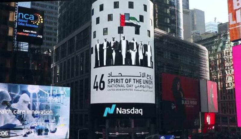 The Nasdaq building in New York marks UAE National Day. Wam