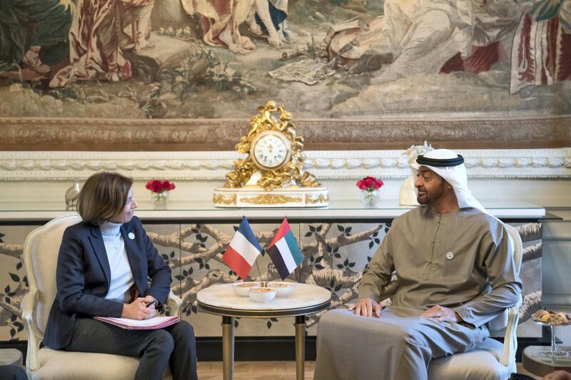 PARIS, FRANCE -November 21, 2018: HH Sheikh Mohamed bin Zayed Al Nahyan, Crown Prince of Abu Dhabi and Deputy Supreme Commander of the UAE Armed Forces (R), meets with HE Florence Parly, Minister of the Armed Forces of France (L), at Paris.

( Mohamed Al Hammadi / Ministry of Presidential Affairs )
---