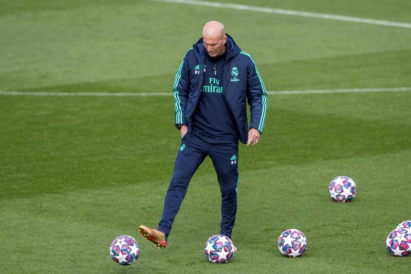 Real Madrid  coach Zinedine Zidane leads his team's training session. EPA