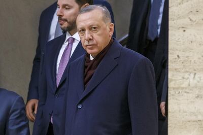 epa08077521 Turkey's President Recep Tayyip Erdogan leaves the building at the UNHCR - Global Refugee Forum at the European headquarters of the United Nations in Geneva, Switzerland, 17 December 2019.  EPA/SALVATORE DI NOLFI