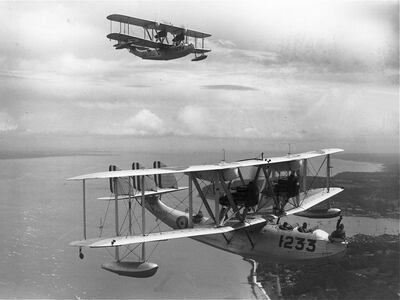 Two Supermarine Southampton flying boats in the skies over England. An aircraft of this type made the first landing in Abu Dhabi on June 19, 1929. Courtesy: RAF