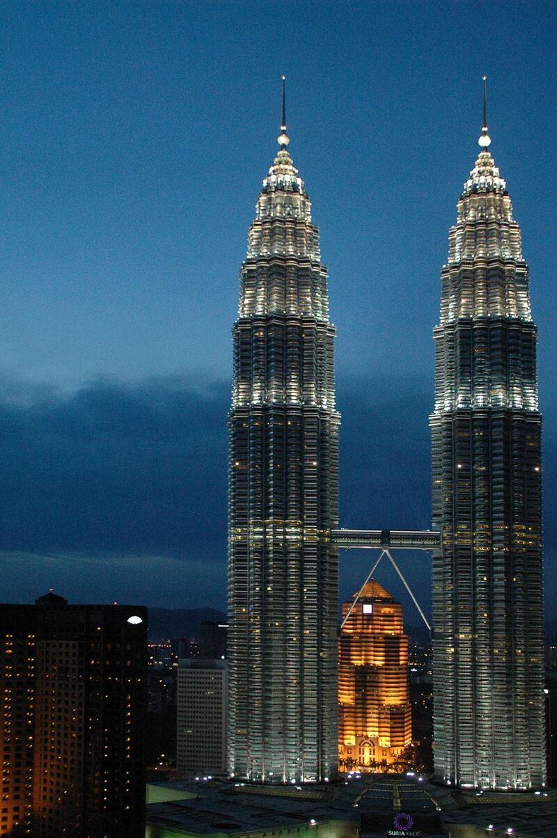 The Petronas Towers, both 452m, in Kuala Lumpur, Malaysia.