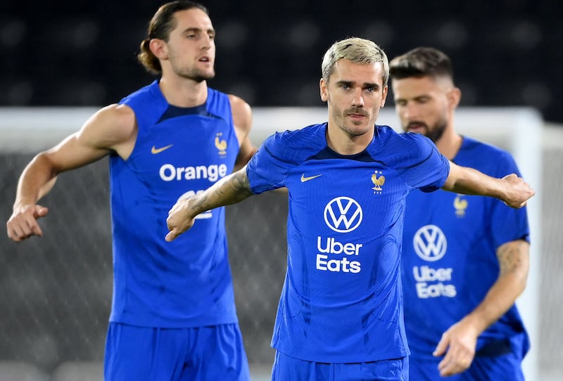 From left: France's Adrien Rabiot, Antoine Griezmann and Olivier Giroud during a training session at the Jassim-bin-Hamad Stadium in Doha on Tuesday night, December 6, 2022. AFP