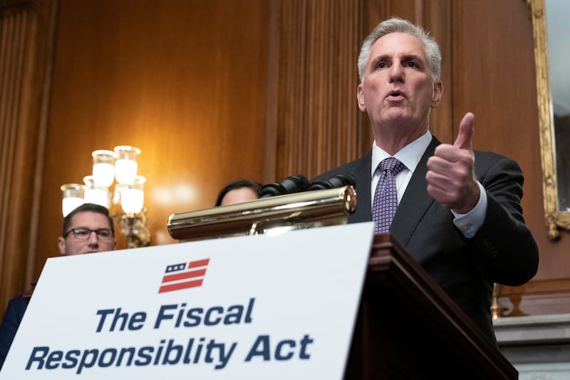 House Speaker Kevin McCarthy holds a news conference after the lower chamber of Congress passed the debt ceiling bill. AP