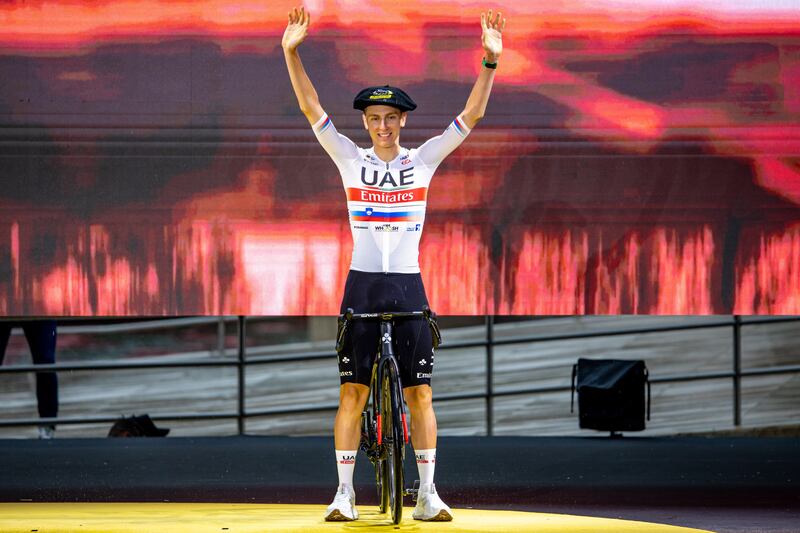 Tadej Pogacar waves to the crowd during the team presentation of the Tour de France 2023. EPA
