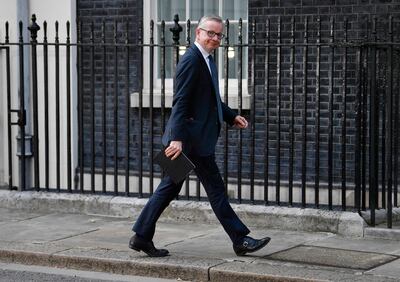 epa07738053 Conservative Member of Parliament Michael Gove arrives for a cabinet re-shuffle as British Prime Minister Boris Johnson begins his new term at Downing Street in London, Britain, 24 July 2019. Theresa May stepped down as British Prime Minister following her resignation as Conservative Party leader on 07 June. Former London mayor and foreign secretary Boris Johnson is taking over the post after he was election as Tories party leader was announced the previous day.  EPA/NEIL HALL