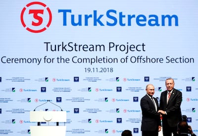 Turkish President Recep Tayyip Erdogan and his Russian counterpart Vladimir Putin shake hands to mark the completion of the sea part of the TurkStream gas pipeline, in Istanbul in 2018. Reuters